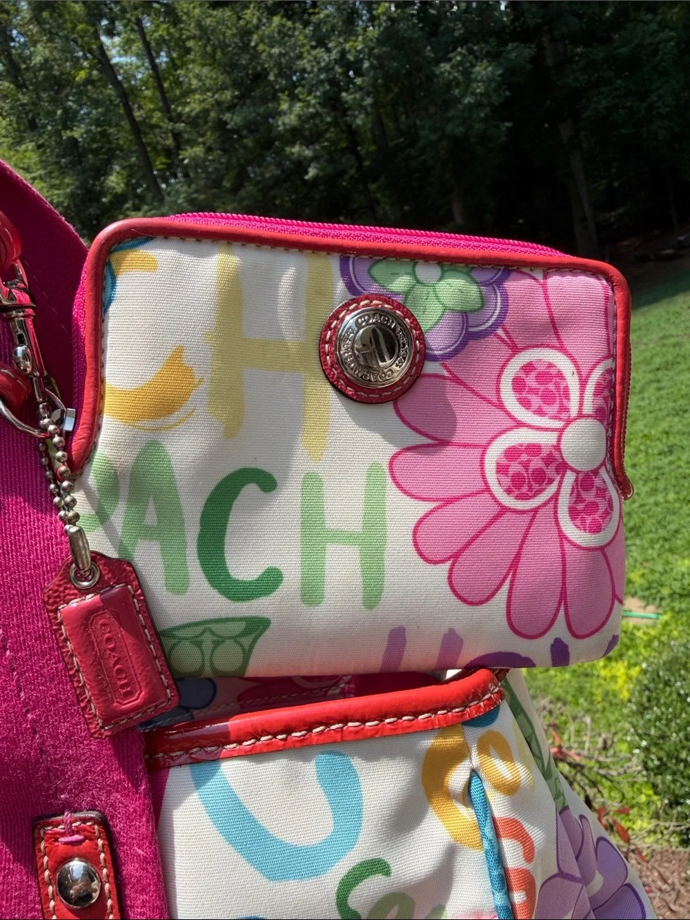 Coach 2010 Y2K Poppy Daisy Multicolor Floral Canvas Tote with Pink Handles SET